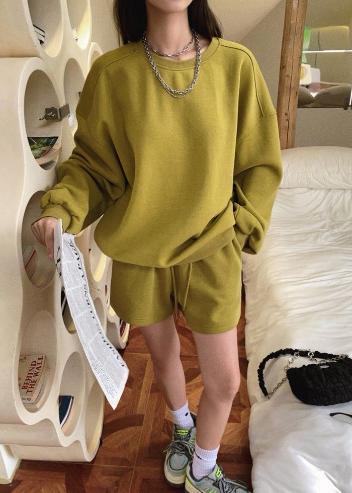 Olive Happy loungewear sweatshirt & sweatpants & shorts - Korean Fashion - magic COSMOS St.